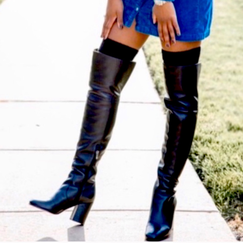 NEW Via Spiga Beline Black Pebbled Leather Over The Knee Boots Sz 5.5 NIB - Picture 2 of 16
